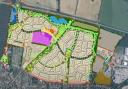 A plan of how the new Fakenham development could look. The pub and hotel would be in the north-west corner (dark blue) the school and shops would be in the centre (in purple and yellow)