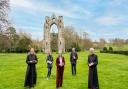 Launch of the Walsingham Way at Walsingham Abbey. Elizabeth Meath Baker, centre, with from left: Father Kevin Smith, Gail Mayhew, Revd Dr Peter Doll and Mgr Philip Moger.