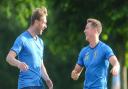 Ryan Jarvis, left, and Aaron Jones share a joke at training Picture: Ian Burt