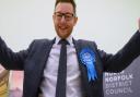 Conservative Duncan Baker celebrates becoming the new MP for North Norfolk with a majority of more than 14,000 votes. Picture: Denise Bradley