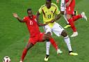 England's Raheem Sterling (left) and Colombia's Yerry Mina battle for the ball during the FIFA World Cup 2018, round of 16 match at the Spartak Stadium, Moscow.  Photo: Aaron Chown/PA Wire.