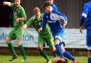 Gorleston Town FC (green) V Kirkley and Pakefield FC (blue) at Emerald Park.Boxing Day football.Picture: James Bass