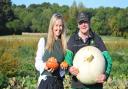 Victoria and Henry Cushing with harlequin and polar bear pumpkins at their farm near Thursford