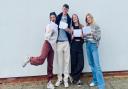 Ella Newstead, James Marshall, Cariad Roberts, Ruby McCullum at Fakenham Academy on A-level result days