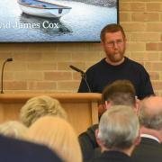 Nicky King, coxswain RNLI Wells, speaking at David Cox's funeral at Cromer Crematorium.