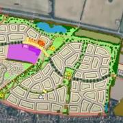 A plan of how the new Fakenham development could look. The pub and hotel would be in the north-west corner (dark blue) the school and shops would be in the centre (in purple and yellow)