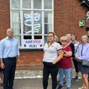 Jerome Mayhew (left) with resident from Fulmodeston with their ongoing concerns surrounding noise, flies and odour originating from Banham Poultry