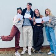 Ella Newstead, James Marshall, Cariad Roberts, Ruby McCullum at Fakenham Academy on A-level result days