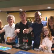 From L-R at The Pleasure Boat Inn in Hickling - Rachel Frain (NWT), John Blackburn (NWT), Andrew Pettitt (NWT), and new tenants Rick and Felicity Malt