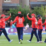 England players celebrate victory over Ireland in their T20 international in Dublin (Lorraine O’Sullivan/PA)